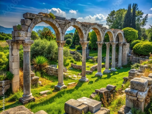 Ancient stone columns and crumbling arches of the 1st-century Roman Odeon of Kos City lie weathered and worn amidst a lush green landscape in Greece. photo