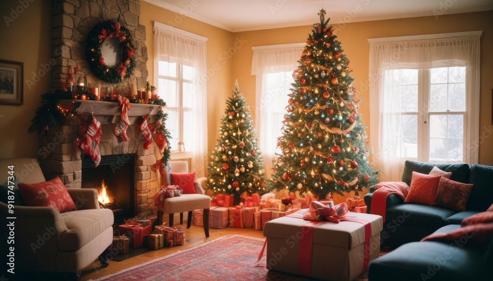 bright and cheerful Christmas living room decorated with colorful ribbons, big tree and cozy atmosphere, high detail, bright color palette, blurry, dim colors, long blurry expos, ai bright and cheerful Christmas living room decorated with colorful ribbons, big tree and cozy atmosphere, high detail, bright color palette, blurry, dim colors, long blurry expos, ai