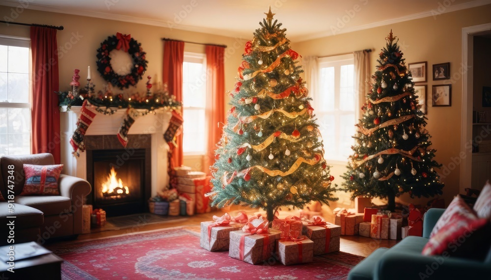bright and cheerful Christmas living room decorated with colorful ribbons, big tree and cozy atmosphere, high detail, bright color palette, blurry, dim colors, long blurry expos, ai bright and cheerful Christmas living room decorated with colorful ribbons, big tree and cozy atmosphere, high detail, bright color palette, blurry, dim colors, long blurry expos, ai