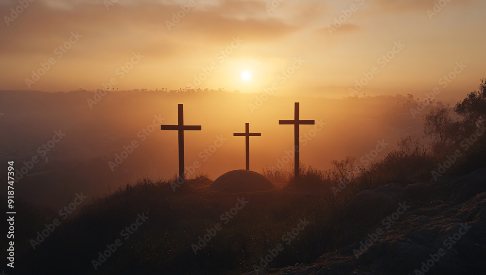 Sunrise Over Three Wooden Crosses on Misty Hill Sunrise Over Three Wooden Crosses on Misty Hill