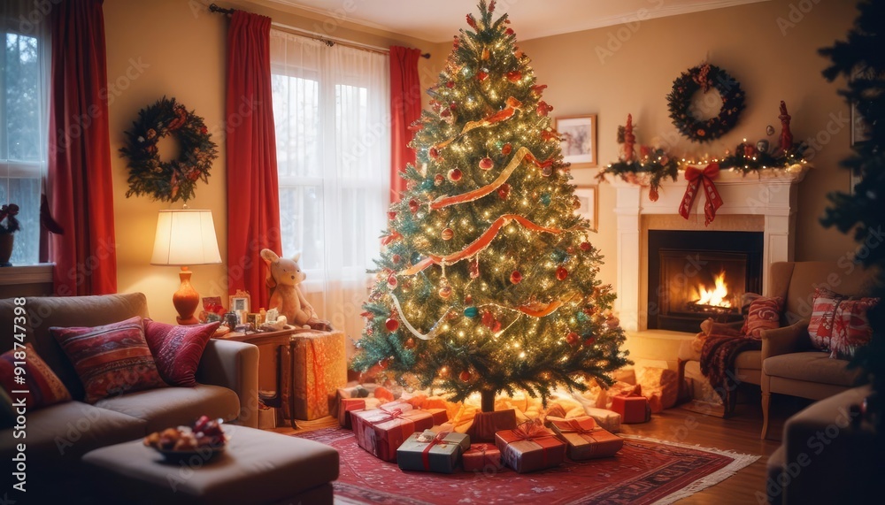bright and cheerful Christmas living room decorated with colorful ribbons, big tree and cozy atmosphere, high detail, bright color palette, blurry, dim colors, ai bright and cheerful Christmas living room decorated with colorful ribbons, big tree and cozy atmosphere, high detail, bright color palette, blurry, dim colors, ai