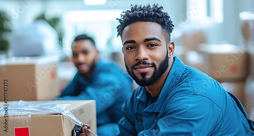 Delivery Man Packing Boxes in Warehouse. photo