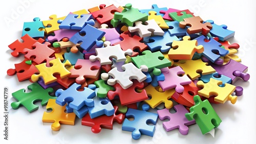 Assorted multicolored puzzle pieces of different shapes and sizes scattered randomly, with some fitted together, against a clean white background.