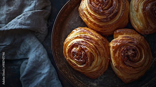 Homemade cinnamon buns on rustic wooden background, top view photo