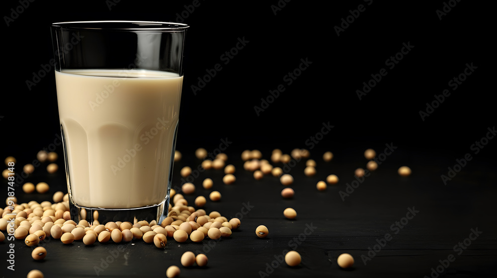 Glass of Soy Milk with Floating Soybeans on Dark Background Glass of Soy Milk with Floating Soybeans on Dark Background