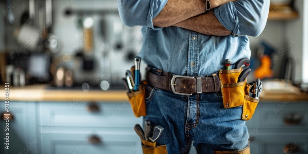 Handyman Ready for Work in Workshop with Tools in Belt Handyman Ready for Work in Workshop with Tools in Belt