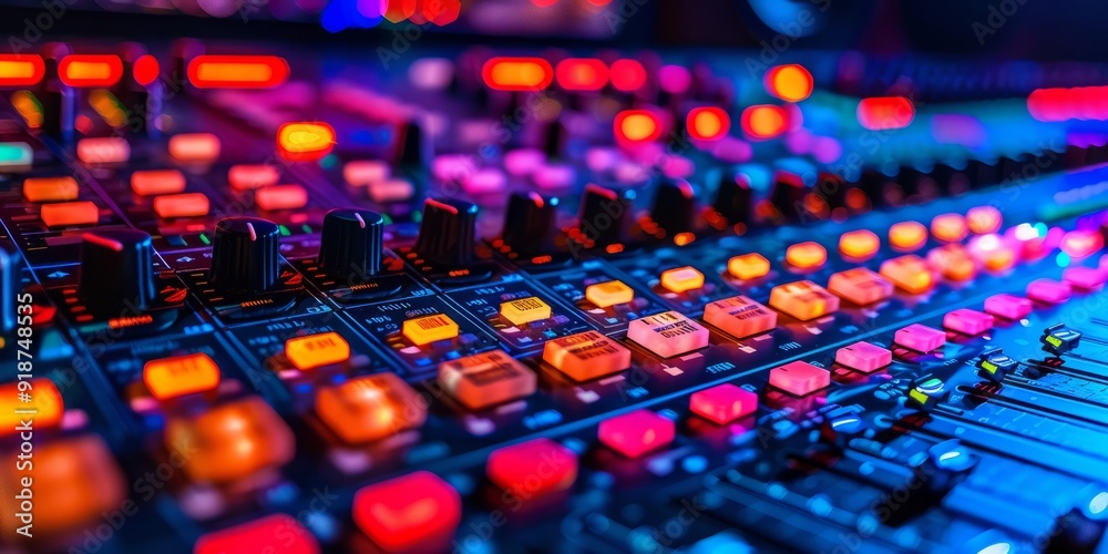 Fototapeta premium Vibrant Audio Mixer Console in Neon Studio Lighting