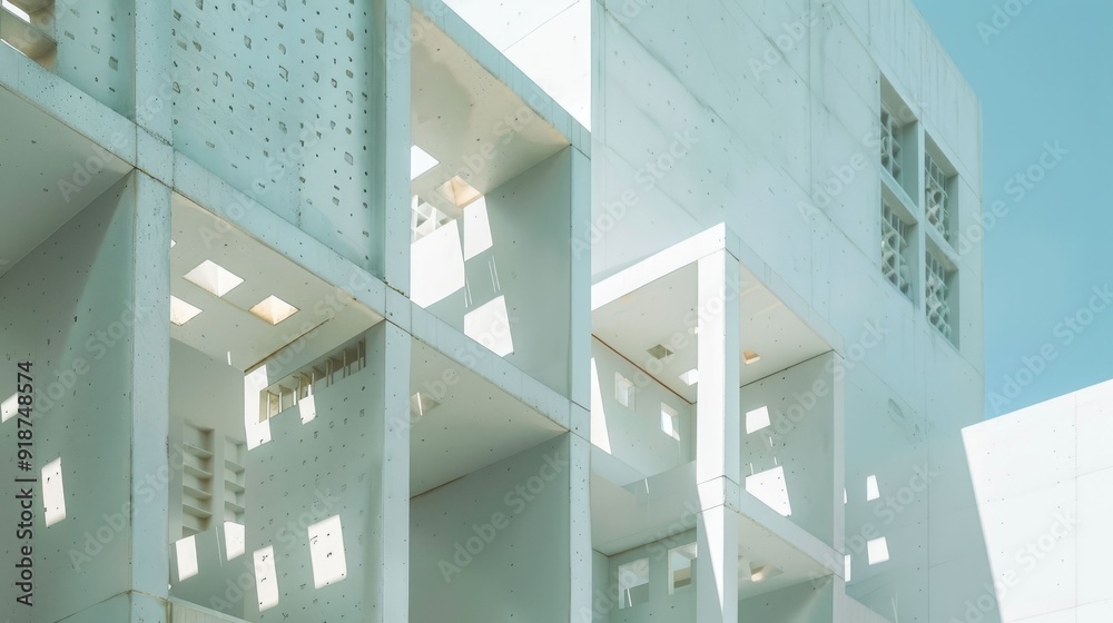 Fototapeta premium Minimalist white concrete building with geometric cutouts and shadows
