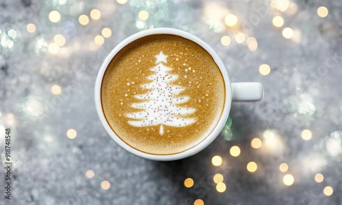 A top-down view of a cup of coffee with festive latte art in the shape of a Christmas tree. The background features a soft-focus bokeh effect with warm, glowing lights photo