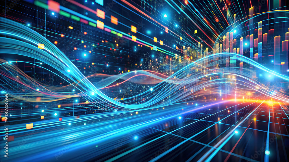 Futuristic Background of Glowing Blue and Orange Wavy Lines with a Grid Pattern and Colorful Data Visualizations Futuristic Background of Glowing Blue and Orange Wavy Lines with a Grid Pattern and Colorful Data Visualizations