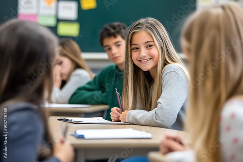 Portrait of smiling schoolchildren's writing in notebook at desk in classroom photo