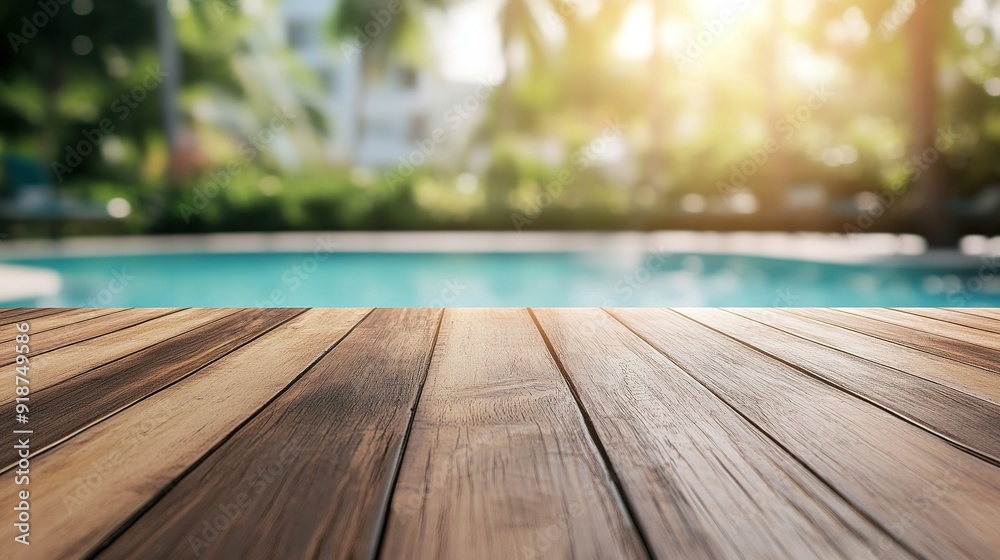 Wooden Deck Overlooking a Pool with a Sunny Blurred Background Wooden Deck Overlooking a Pool with a Sunny Blurred Background