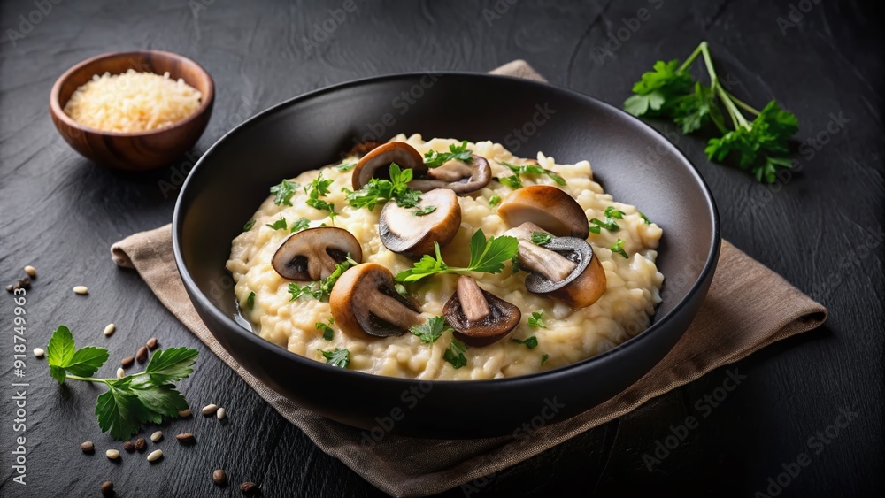 Creamy risotto loaded with sautéed mushrooms and shaved parmesan cheese, served in a dark bowl on a sleek black table, perfect for adding your text. Creamy risotto loaded with sautéed mushrooms and shaved parmesan cheese, served in a dark bowl on a sleek black table, perfect for adding your text.