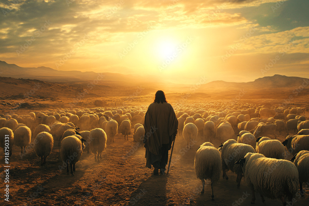 Shepherd guiding sheep in vast, sunlit desert landscape. Shepherd guiding sheep in vast, sunlit desert landscape.