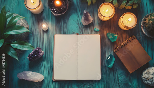 Meditation setup illustration in a flat lay, top view, with candles, crystals, and a journal with space for text