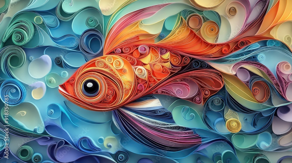 Colorful Paper Quilling Fish in Abstract Water Colorful Paper Quilling Fish in Abstract Water