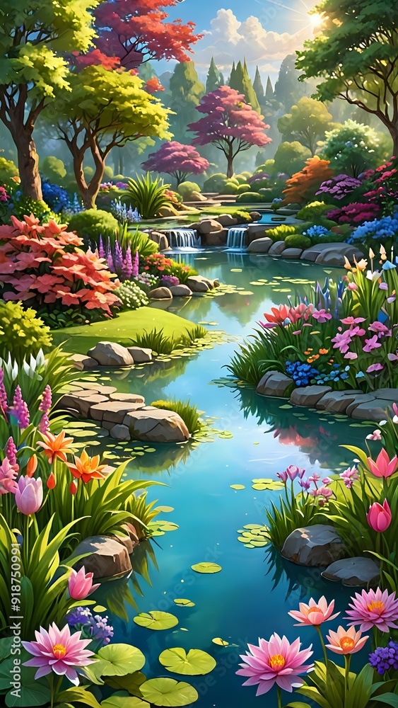 a beautiful garden scene with vibrant flowers, lush greenery, and a serene pond, fantasy art a beautiful garden scene with vibrant flowers, lush greenery, and a serene pond, fantasy art