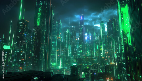 Sci-fi cityscape with neon lights glowing in green and blue hues. A futuristic night scene filled with towering skyscrapers.