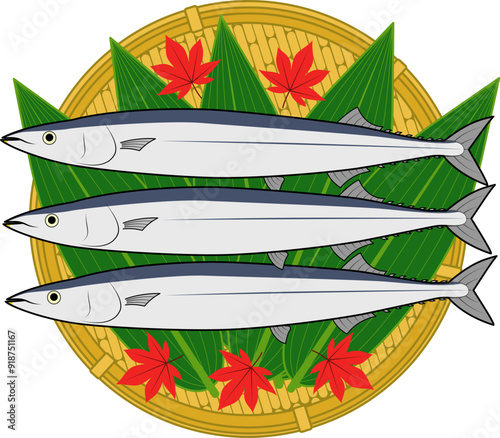 紅葉を添え、笹を敷いたザルに乗せたサンマ