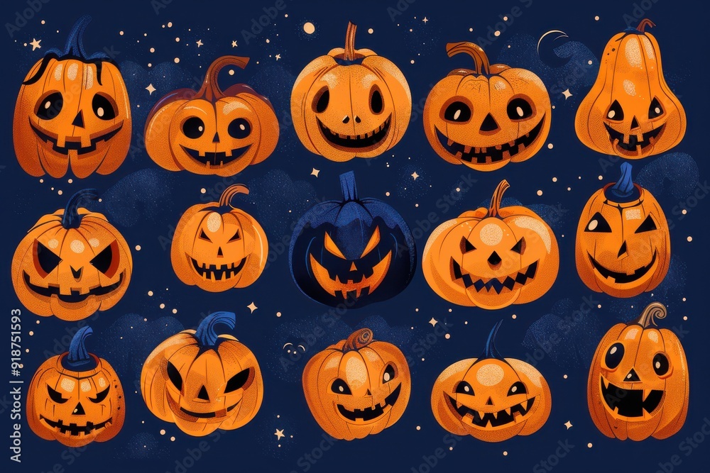 A collection of Halloween pumpkins with various scary expressions A collection of Halloween pumpkins with various scary expressions