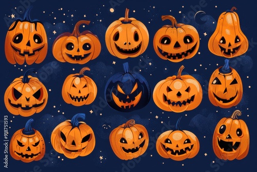 A collection of Halloween pumpkins with various scary expressions