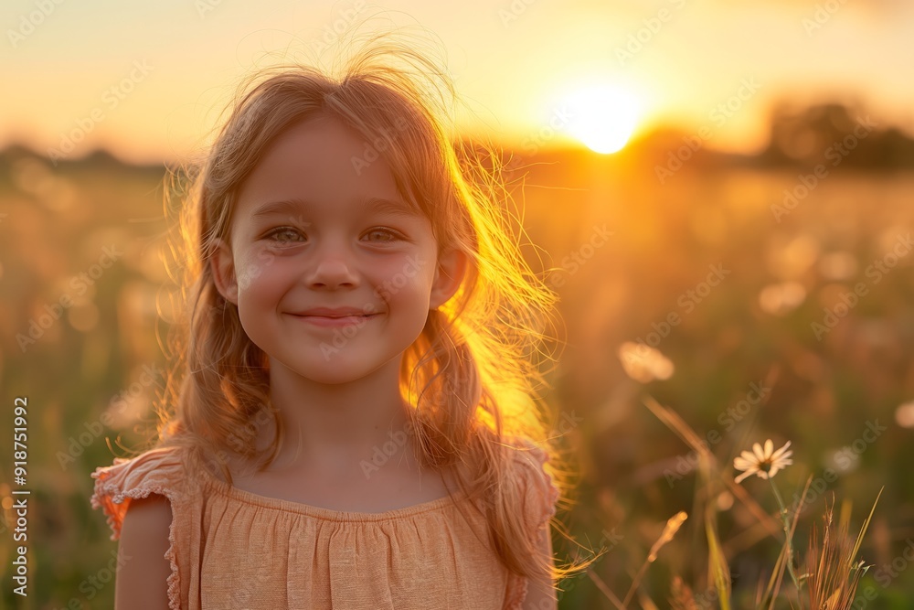 Happy little girl smiling in field of flowers at sunset Happy little girl smiling in field of flowers at sunset
