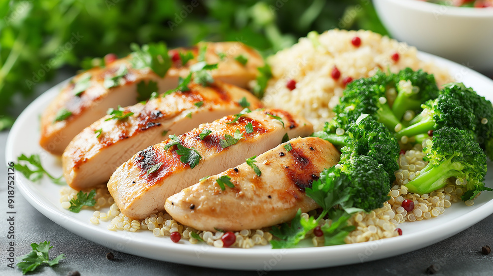 Healthy food photo of grilled chicken breast, boiled broccoli and quinoa, topped with fresh herbs, balanced and nutritious, perfect for a weight loss meal. Healthy food photo of grilled chicken breast, boiled broccoli and quinoa, topped with fresh herbs, balanced and nutritious, perfect for a weight loss meal.