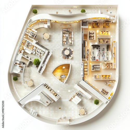 3D Render of a mall featuring a large department store, various smaller shops, and a wellness center, floor plan