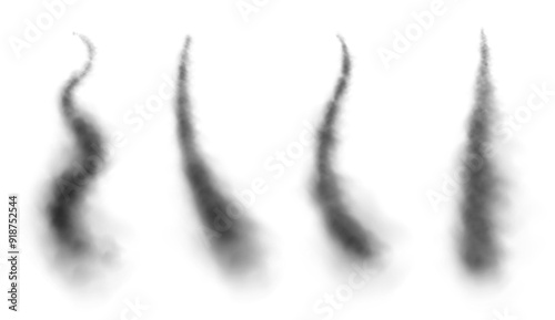 Black smoke trails, dark fog in the sky, black vapor from burning fire. Vector illustration.