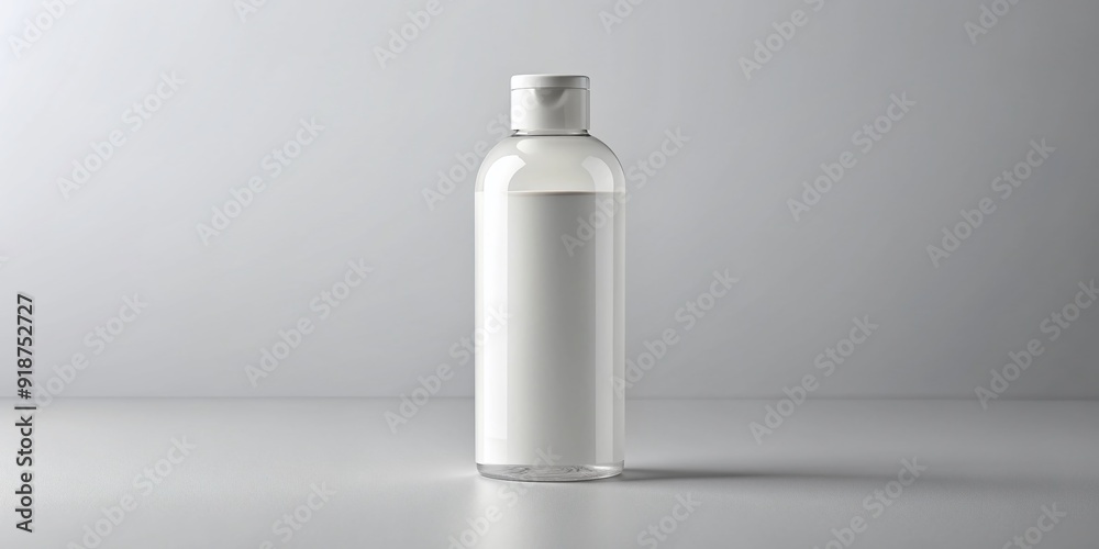 Empty white plastic bottle with transparent label and cap standing on a plain background, perfect for showcasing your hair care product design. Empty white plastic bottle with transparent label and cap standing on a plain background, perfect for showcasing your hair care product design.