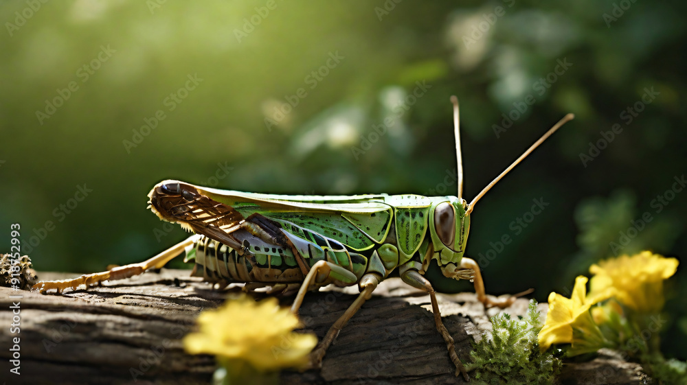 Wood grasshopper in the wild on a green blurred background