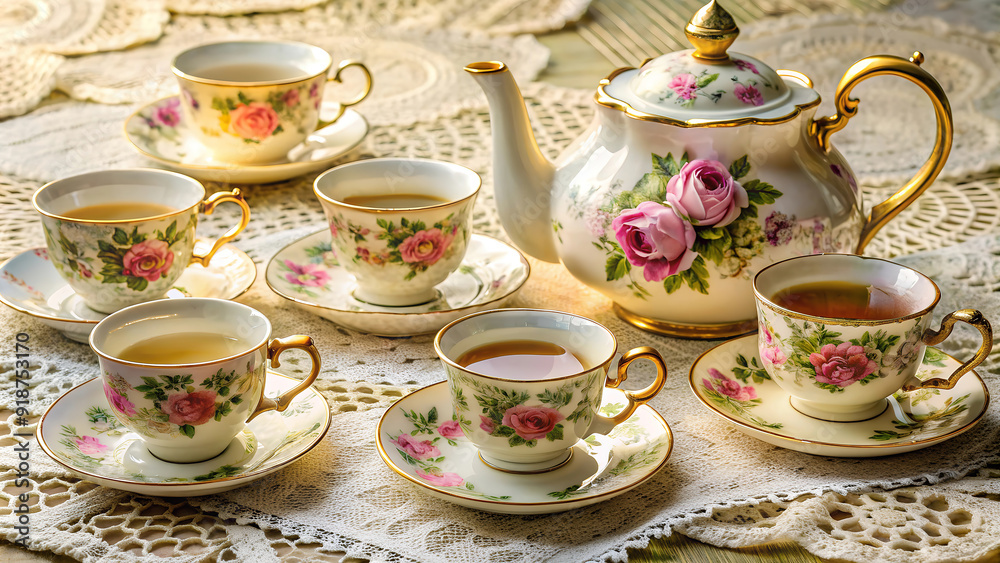 Elegant Tea Set with Floral Design on a Lace Tablecloth Elegant Tea Set with Floral Design on a Lace Tablecloth