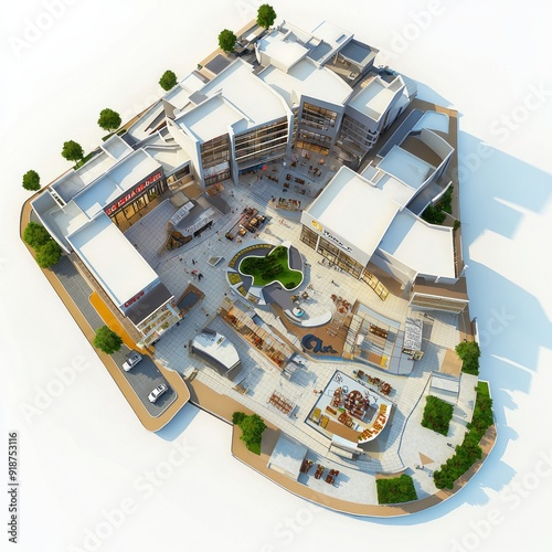 3D Render of a regional shopping center with various retail options, a food court, and a large community space, floor plan