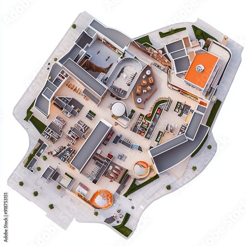 3D Render of a shopping mall with multiple retail stores, food court, and entertainment areas, floor plan