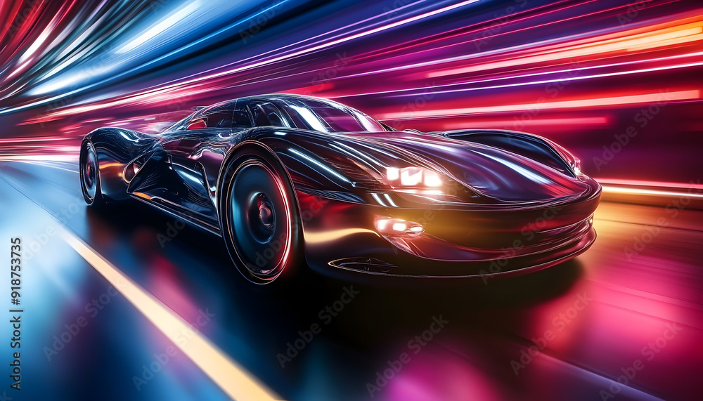 3D illustration of a futuristic car speeding at night, with motion blur and light trails 3D illustration of a futuristic car speeding at night, with motion blur and light trails