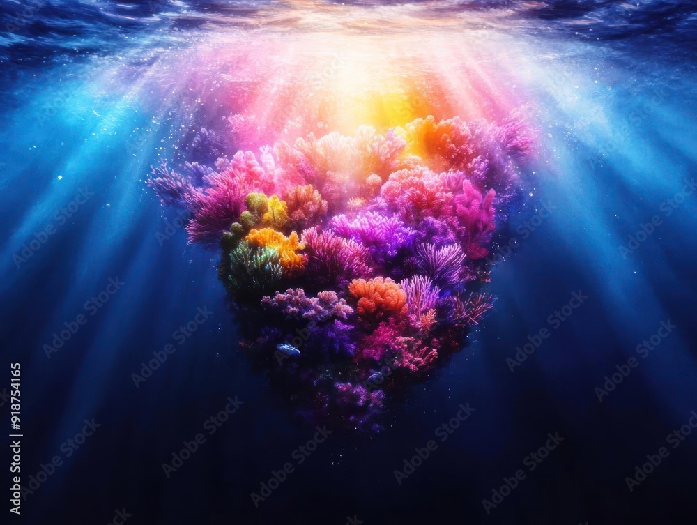 Naklejka premium Vibrant coral reef in heart shape, underwater with sun rays