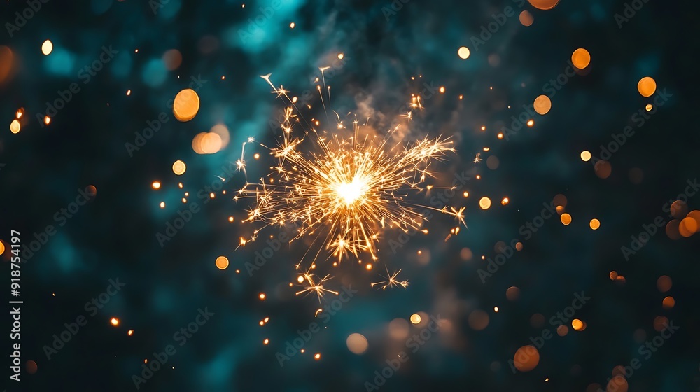 Obraz premium Abstract orange gold color glitter background with fireworks, Christmas event, new year event, 4th of July event and blur milky way background