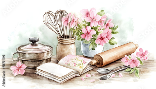 Baking watercolor illustration featuring kitchen utensils, a cookbook, a rolling pin, whisk, spoon, and pink flowers