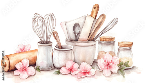 Baking watercolor illustration featuring kitchen utensils, a cookbook, a rolling pin, whisk, spoon, and pink flowers