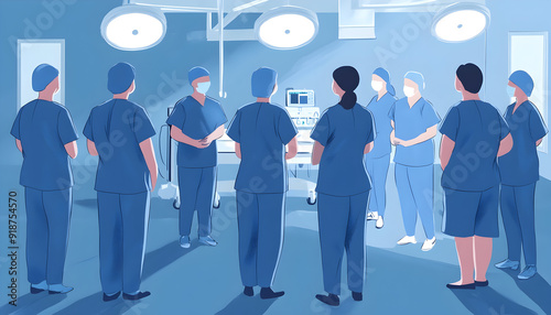 Conceptual illustration of NHS staff in blue theatre scrubs, collaborating to achieve success in new medical procedures