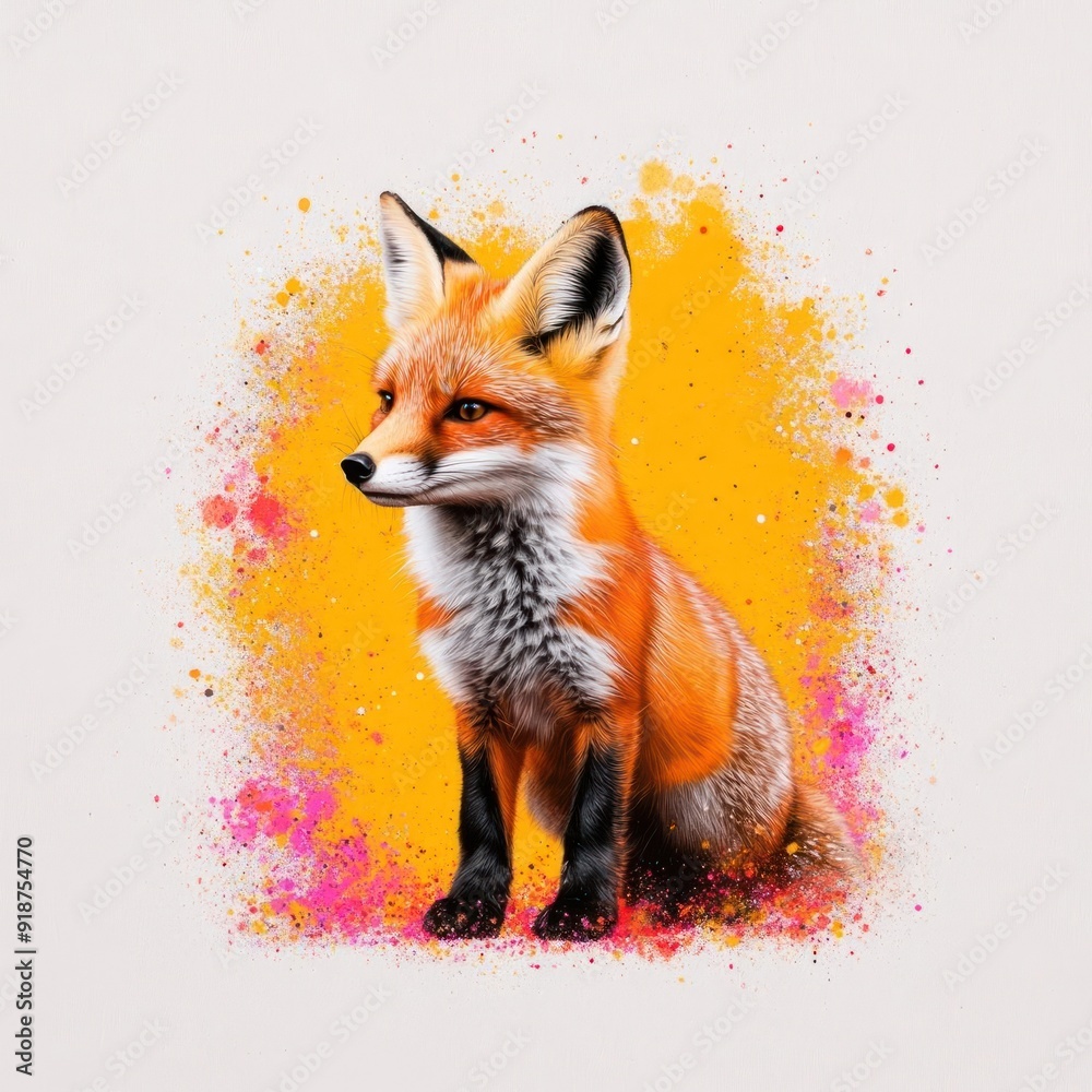 custom made wallpaper toronto digitalRed fox sitting on a yellow and pink splatter background