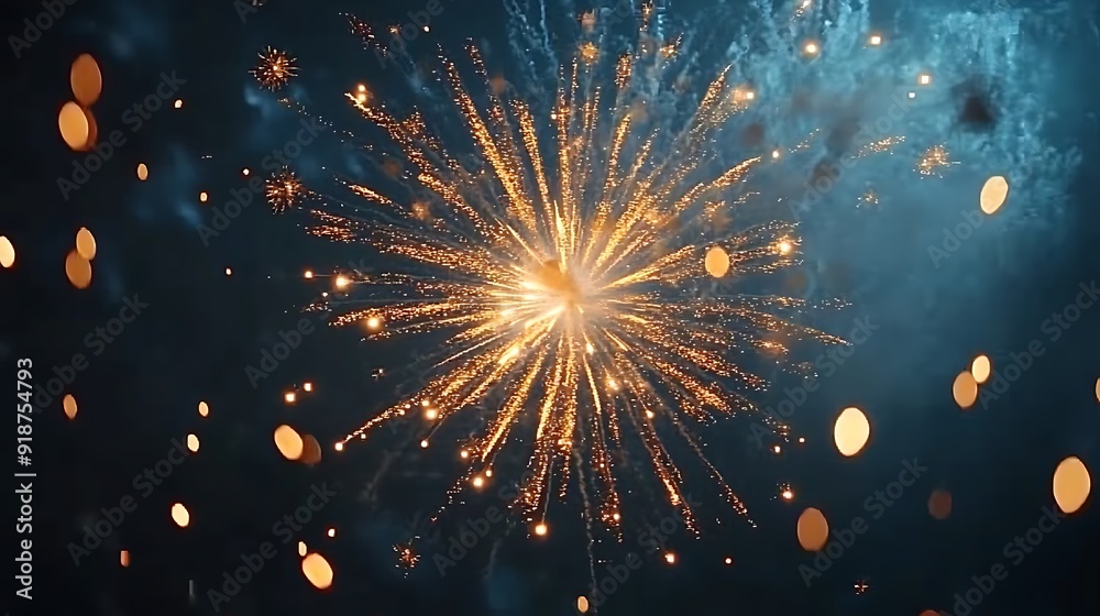 Obraz premium Abstract orange gold color glitter background with fireworks, Christmas event, new year event, 4th of July event and blur milky way background