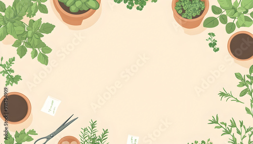 Culinary herb garden illustration in a flat lay, top view, with pots, labels, and scissors with generous copy space