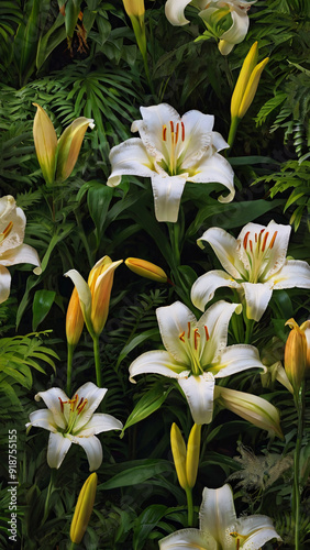 serene garden scene, highlighting a cluster of blooming lilies surrounded by lush green foliage, evoking a sense of peace and harmony