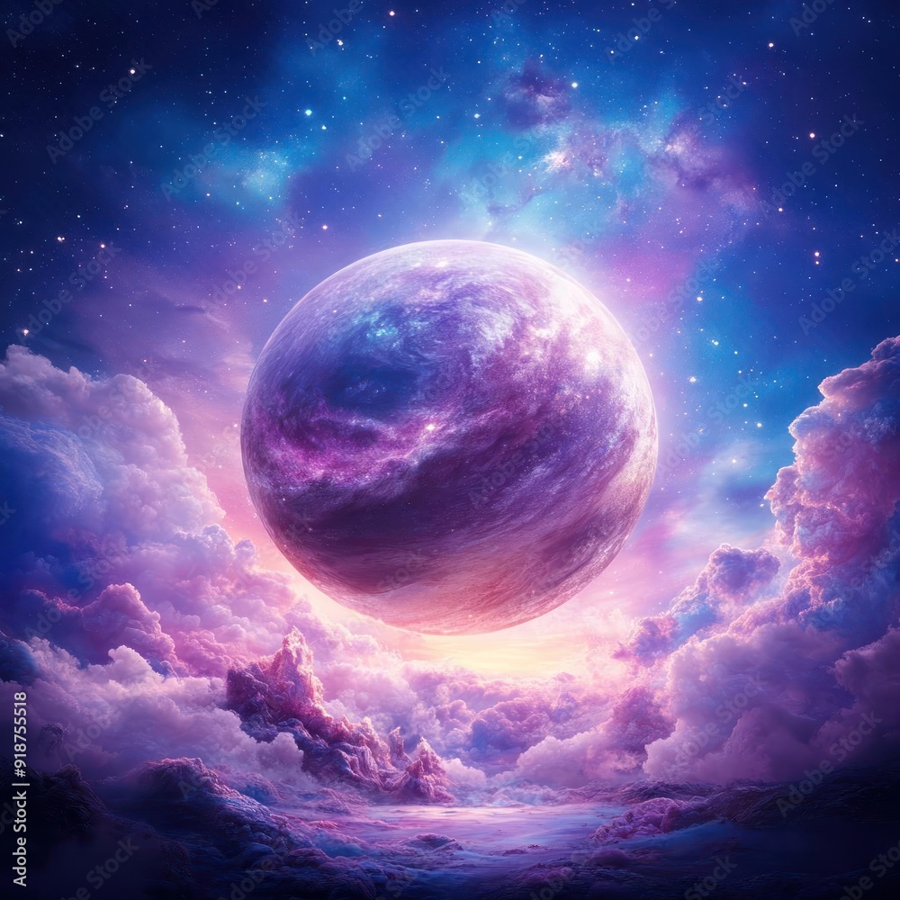 A miniature planet floating in space, with a small town, trees, and a river. It's surrounded by clouds and stars.