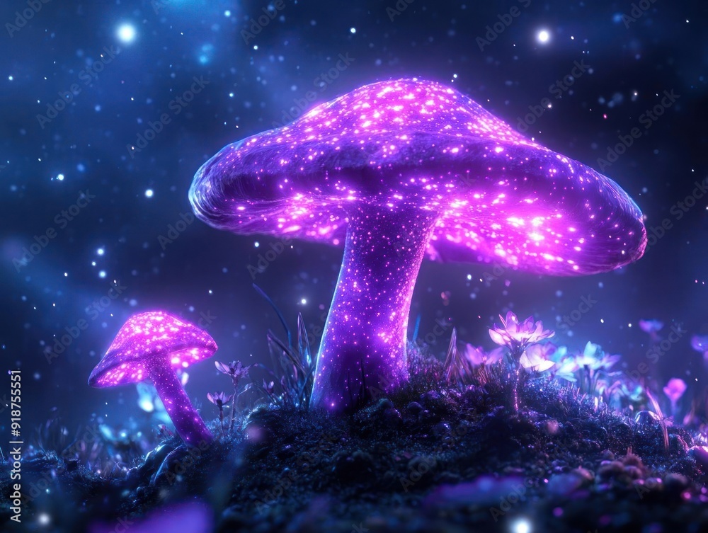 Glowing purple mushroom in a magical forest with stars