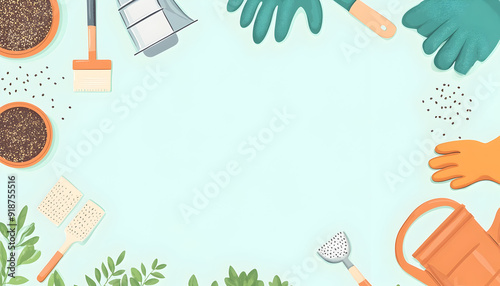 Gardenera??s tools illustration, top view, with a watering can, gloves, and seeds in a flat lay and copy space photo