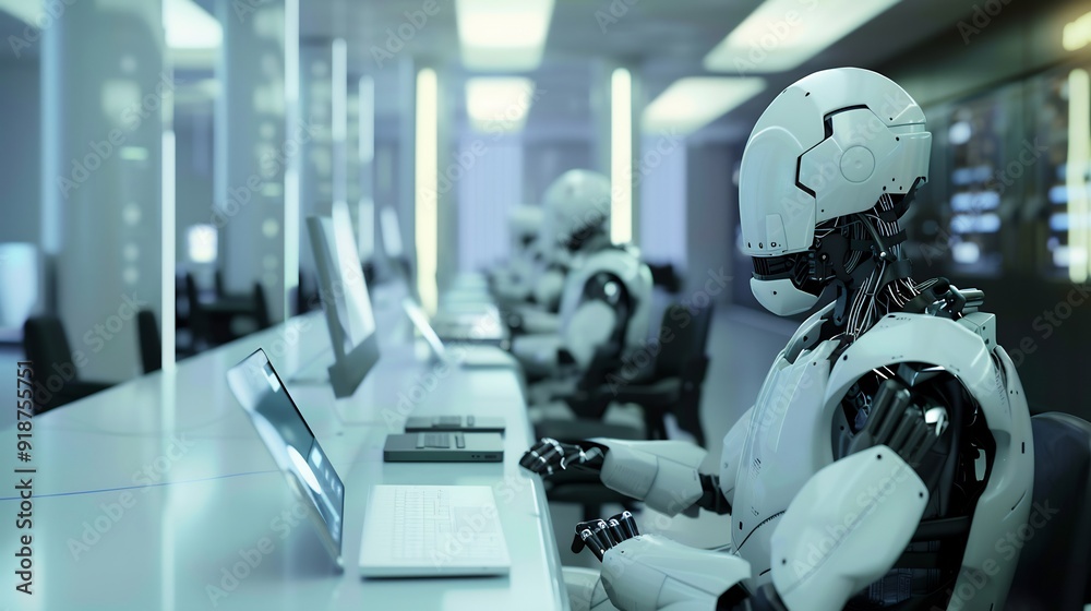 Futuristic Robots Working at Desk in Modern Office Futuristic Robots Working at Desk in Modern Office