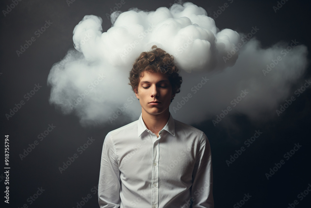 Man with head in clouds, concept of confusion and introspection