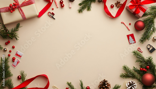Holiday card making station illustration in a flat lay, top view, with paper, stamps, and ribbons with space for text